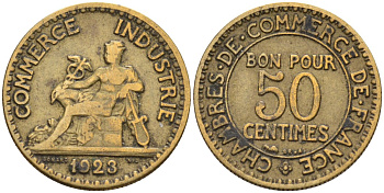 Франция 50 сантимов 1923 Коммерческая Палата KM 884, LE FRANC 191.6 алюминиевая бронза 4585-666