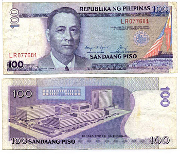 ФИЛИППИНЫ 100 ПЕСО 1987-1994 ПОДПИСЬ 12, ПРЕЗИДЕНТ МАНУЭЛЬ РОХАС Pick 172с бумага 7198-15-1-1