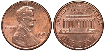 США 1 цент 1988 D KM 201b цинк плакированный медью 4547-659