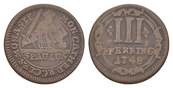 Мюнстер 3 пфеннига 1748 Монетный двор кафедрального капитула KM 430 медь 633-1442