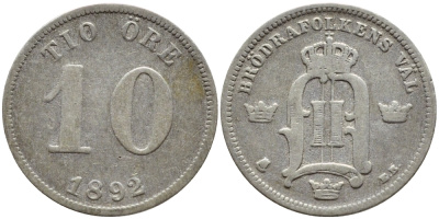 Швеция 10 эре 1892 EB, Оскар II (1872-1907) король Швеции и Норвегии KM 755 серебро 1530-541