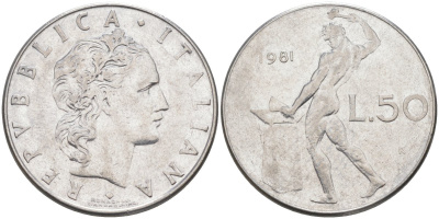 Италия 50 лир 1981 R, Бог огня Вулкан у наковальни KM 95.1 нержавеющая сталь 4529-333