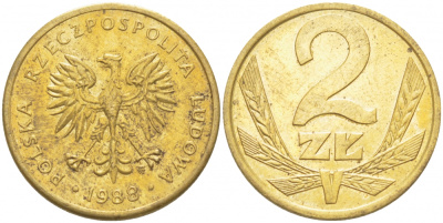 Польша 2 злотых 1988 MW KM 80.2, Parchimowicz 218c латунь 4519-944