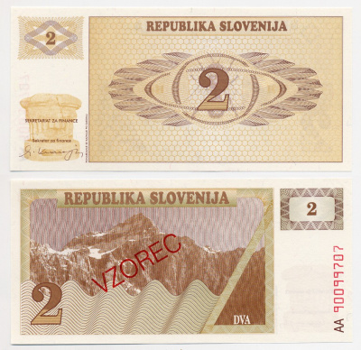 Словения 2 толара 1990 образец, VZOREC, SPECIMEN Pick 2s1 бумага UNC (пресс) 6280-63-2