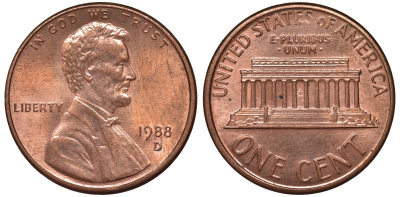 США 1 цент 1988 D KM 201b цинк плакированный медью 4547-659