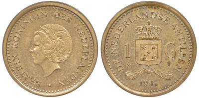 Нидерландские Антилы 1 гульден 1991 Беатрикс (1980-2013) KM 37 позолоченная сталь 25-2021