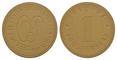 Чили, Благосостояние (Prosperidad), Токо (Toco) шахтерский жетон с Селитряного рудника для покупки в местных магазинах, номиналом в 1 песо 1880-1920 диаметр 40,5 мм, вес 4,73 гр Espinosa 237.6 эбонит (охра) 01-238-24