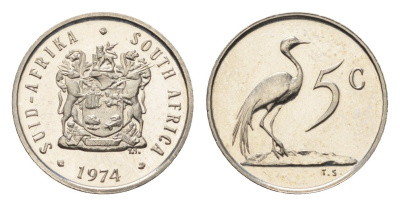 ЮАР 5 центов 1974 герб, райский журавль KM 84 никель PROOF 4690-1121