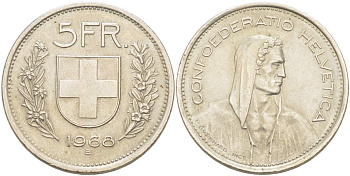 Швейцария 5 франков 1968 В, первый год KM 40а.1 медно-никель 4517-1115