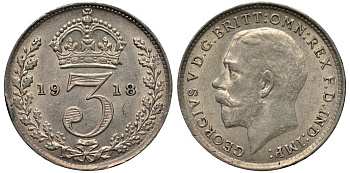 Великобритания 3 пенса 1918 Георг V (1910-1936) KM 813, Spink 4015 серебро 214-357