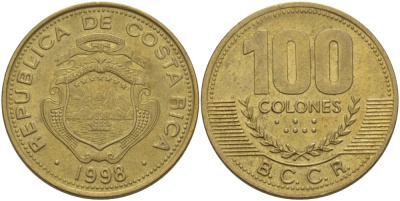 Коста-Рика 100 колон 1998 B.C.C.R. KM 230а латунь 82-236