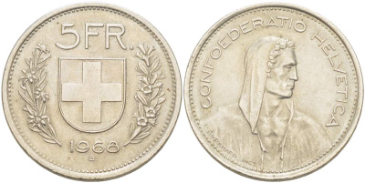 Швейцария 5 франков 1968 В, первый год KM 40а.1 медно-никель 4517-1115