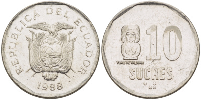 ЭКВАДОР 10 СУКРЕ 1988 VENUS DE VALDIVIA KM 92.1 сталь плакированная никелем 31-433