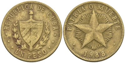 Куба 1 песо 1988 KM 105, Schoen A34 латунь 4114-1242