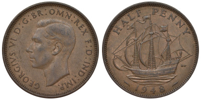 Великобритания 1/2 пенни 1948 Георг VI (1936-1952) KM 844, Spink 4115 бронза 4681-115