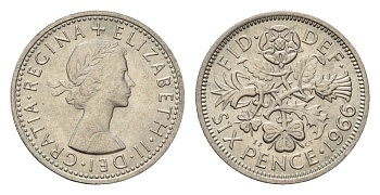 Великобритания 6 пенсов 1966 Елизавета II (1952-2022) KM 903, Spink 4149 медно-никель 4655-311