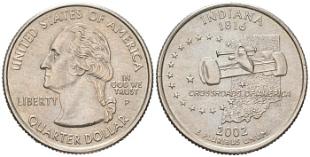 США 25 центов = квотер = 1/4 доллара 2002 P, квотер штата Индиана KM 334 медь плакированная медно-никелем UNC 183-313