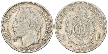 Франция 1 франк 1868 A, Наполеон III (1852-1870) KM 806.1 серебро 4616-514