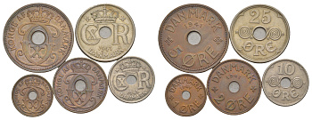 Фарерские острова лот из 5 монет (1, 2, 5, 10 и 25 эре) 1941 KM 1, 2, 3, 4 и 5 1526-1011-1015