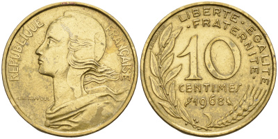 Франция 10 сантимов 1968 тип Марианна KM 929 медь алюминий никель    4152-1231