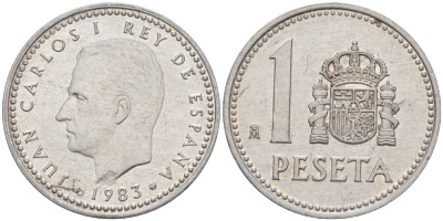 ИСПАНИЯ 1 ПЕСЕТА 1983 ХУАН КАРЛОС I ( 1975-) KM 821 алюминий 216-624