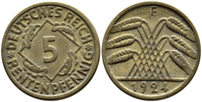 ГЕРМАНИЯ 5 РЕНТЕНПФЕННИГОВ 1924 F, KM 32, J. 308 алюминиевая бронза 4387-1148