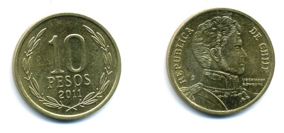 ЧИЛИ 10 ПЕСО 2011 ГЕНЕРАЛ БЕРНАРДО О ХИГГИНС KM 228.2 никель-бронза 37-1216