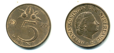 НИДЕРЛАНДЫ 5 ЦЕНТОВ 1970 ЮЛИАНА KM 181 бронза 76-441