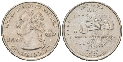 США 25 центов = квотер = 1/4 доллара 2002 P, квотер штата Индиана KM 334 медь плакированная медно-никелем UNC 183-313