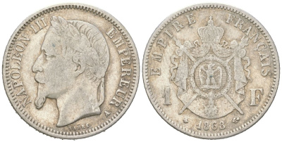 Франция 1 франк 1868 A, Наполеон III (1852-1870) KM 806.1 серебро 4616-514