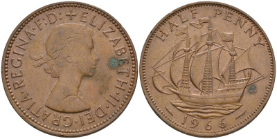 Великобритания 1/2 пенни 1966 Елизавета II (1952-2022) KM 896, Spink 4158 бронза 4153-845