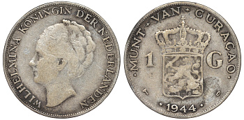 Нидерландское Кюрасао 1 гульден 1944 D, Вильгельмина (1890-1948) KM 45 серебро 36-436