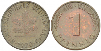 ФРГ 1 ПФЕННИГ 1970 G KM 105 J 380 сталь плакированная медью 3718-216