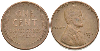 США 1 ЦЕНТ 1951 D, ЛИНКОЛЬН KM А132 медь цинк 218-564