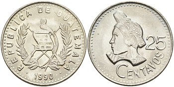 Гватемала 25 сентаво 1990 женская голова влево KM 278.5 медно-никель UNC 4367-723
