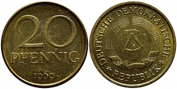 ГДР 20 пфеннигов 1969 А, первый год KM 11 латунь UNC 4397-344