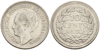 Нидерланды 10 центов 1930 Вильгельмина I (1890-1948) КМ 163 серебро    4160-1233