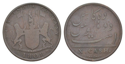 Британская Индия (Ост-Индская компания) 10 кэш 1808 вес 4,4 гр KM 320 медь 4607-1125