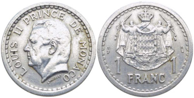 Монако 1 франк 1943 Луи II (1922-1949) KM 120 алюминий 113-357