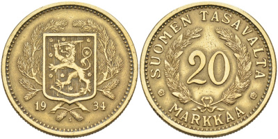 Финляндия 20 марок 1934 S KM 32 алюминиевая бронза 82-1012