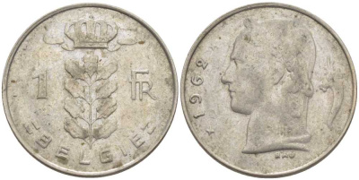 БЕЛЬГИЯ 1 ФРАНК 1962 BELGIE, БОДУЭН I (1951-1993) KM 143.1 медно-никель 119-555
