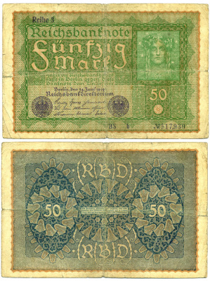 ГЕРМАНИЯ 50 МАРОК 1919 24 ИЮНЯ 1919, REIHE 3, СЕРИЯ BS, ВЫПУСК С ФЕВРАЛЯ 1920 ГОДА Pick 66, Rosenberg 62с бумага 3295-112-3-2