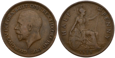 Великобритания 1/2 пенни 1929 Георг V (1910-1936) KM 837, Spink 4058 бронза 4601-427