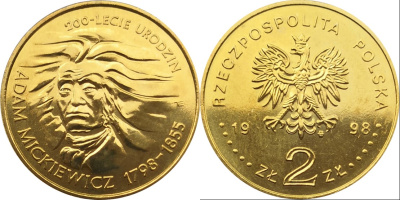 Польша 2 злотых 1998 MW, 200 лет со дня рождения Адама Мицкевича KM 352 нордик  UNC  4521-311