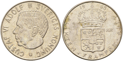 Швеция 1 крона 1965 U, Густав VI Адольф (1950-1973) KM 826 серебро 4582-433