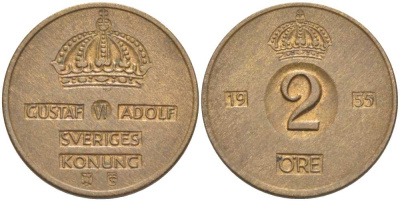 Швеция 2 эре 1955 TS, Густав VI Адольф (1950-1973) KM 821 бронза 4513-1251