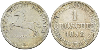 Брауншвейг-Каленберг-Ганновер 1 грош 1858 В, Георг V (1851-1866) KM 236, Jaeger 93, AKS 149 серебро 206-332