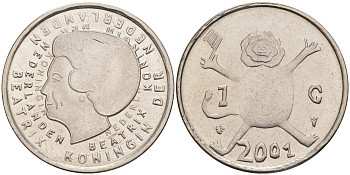 Нидерланды 1 гульден 2001 прощай гульден, детский рисунок, лев с флагом в руках KM 233 никель UNC 106-331