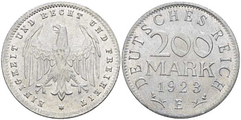 ГЕРМАНИЯ 200 МАРОК 1923 E KM 35, J. 304, Weege 22 алюминий 210-441