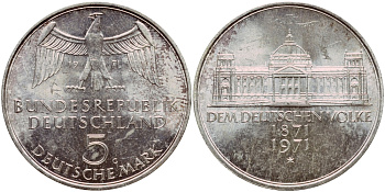 ФРГ 5 марок 1971 G, 100 лет основания Германской Империи KM 128.1, J. 409 серебро aUNC 1529-245